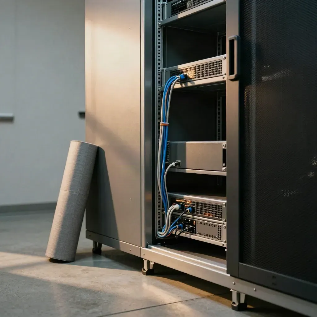 Rak server terbuka dan kabel tersusun di sudut operasi dengan cahaya lembut.