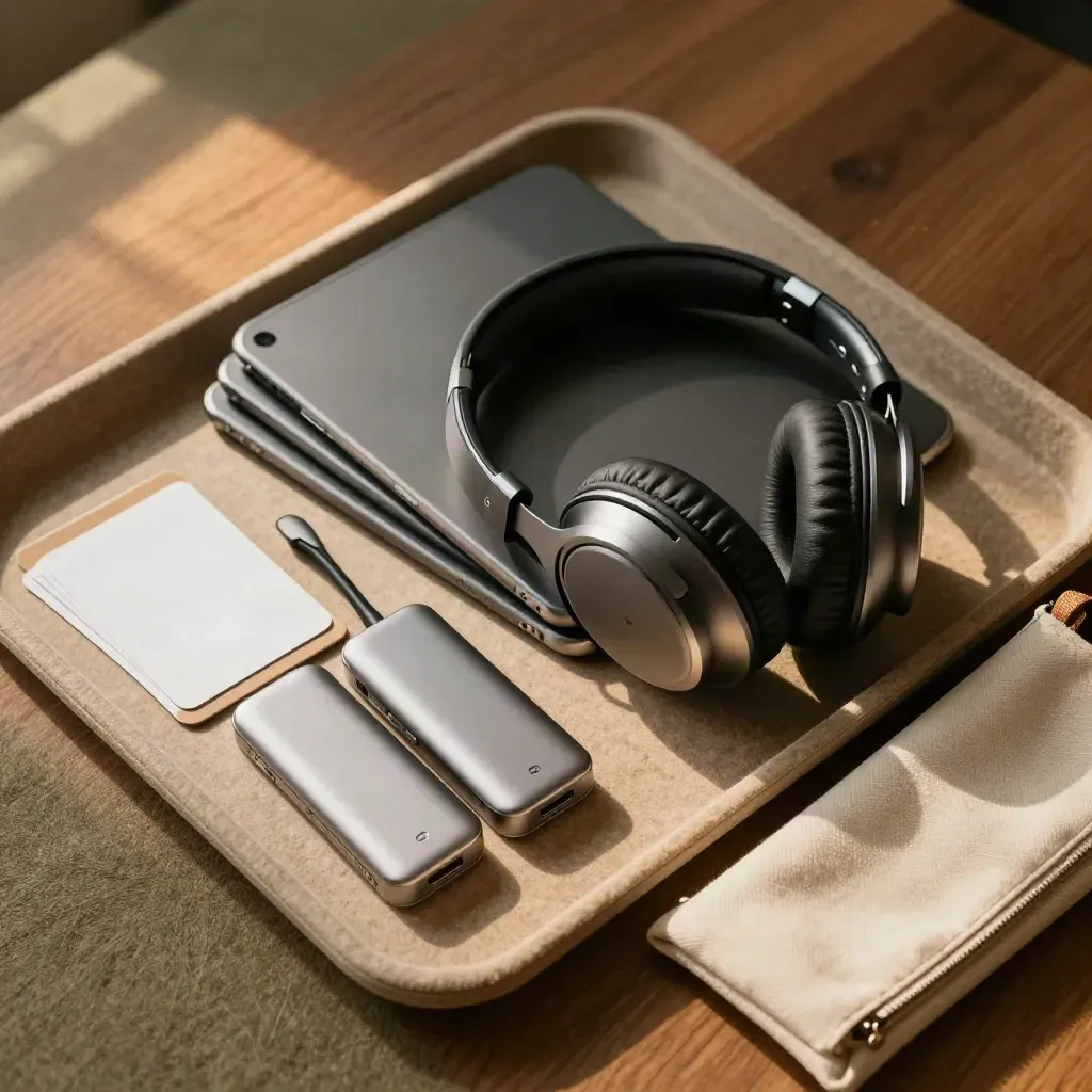 Kit latihan kakitangan dengan tablet tertutup, fon kepala dan dok USB-C dalam dulang kain.