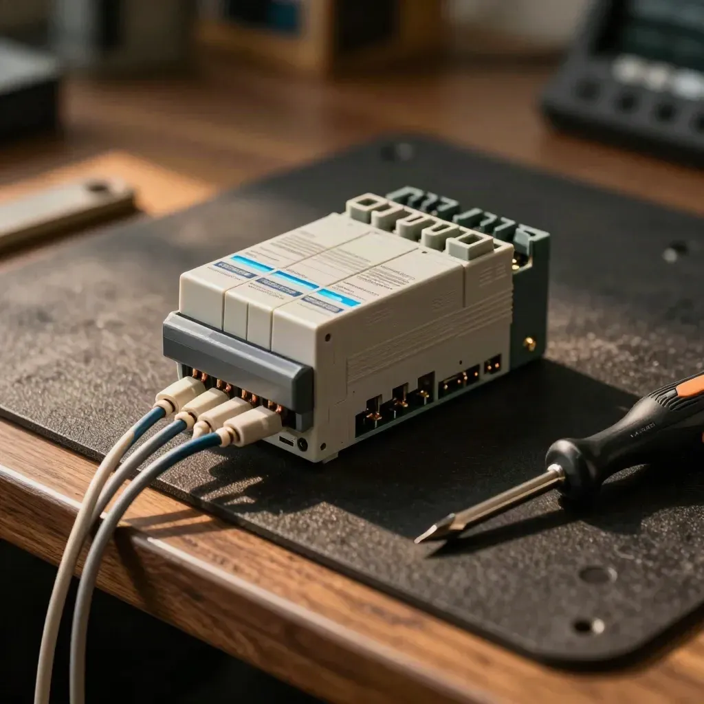 Modul relay PLC, terminal blok dan pemutar skru di atas tikar kerja gelap.