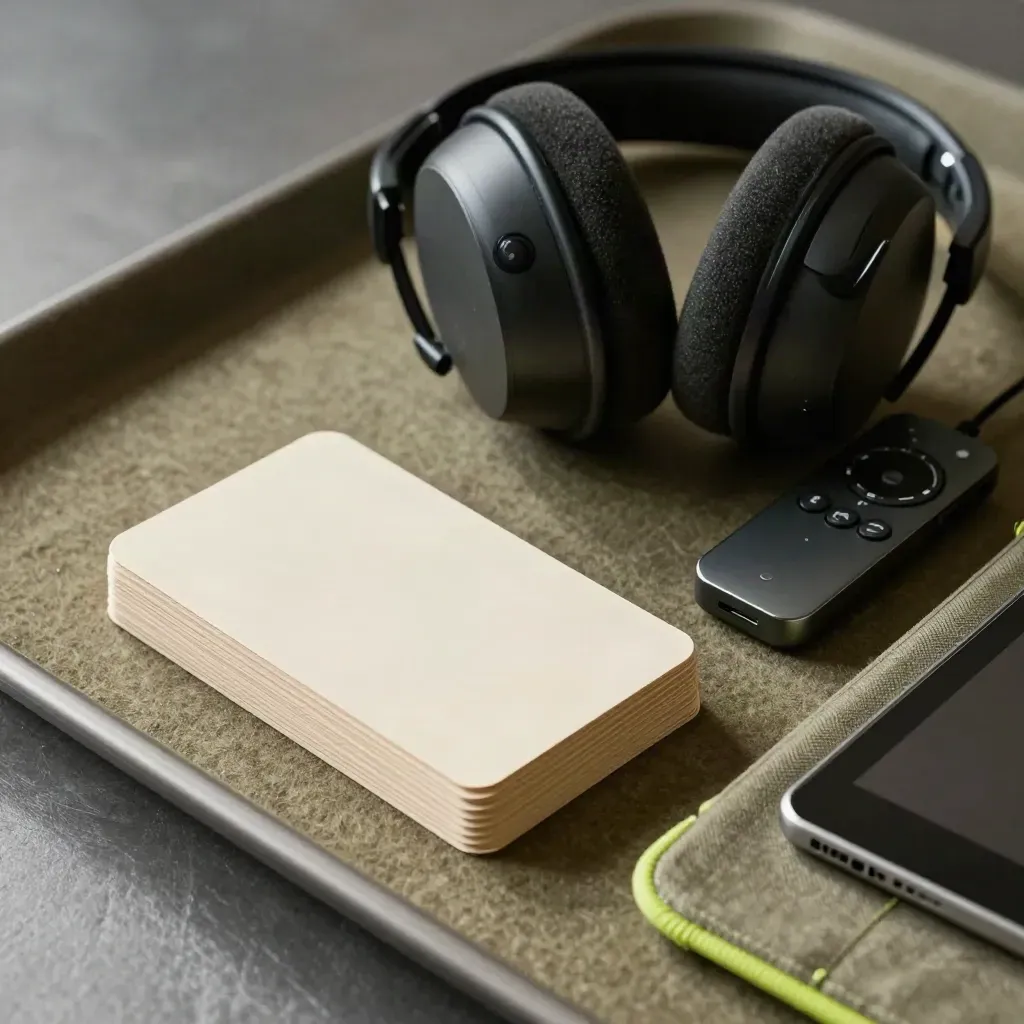 Set latihan dengan headset, remote presenter, flashcard dan tablet bersarung kain.