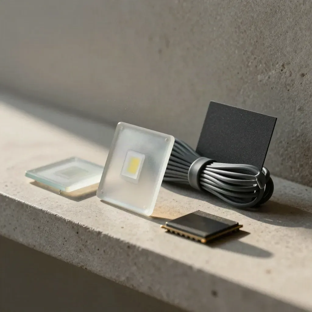 Chip proses lut sinar, lampu diagnostik dan ikatan kabel di rak batu.