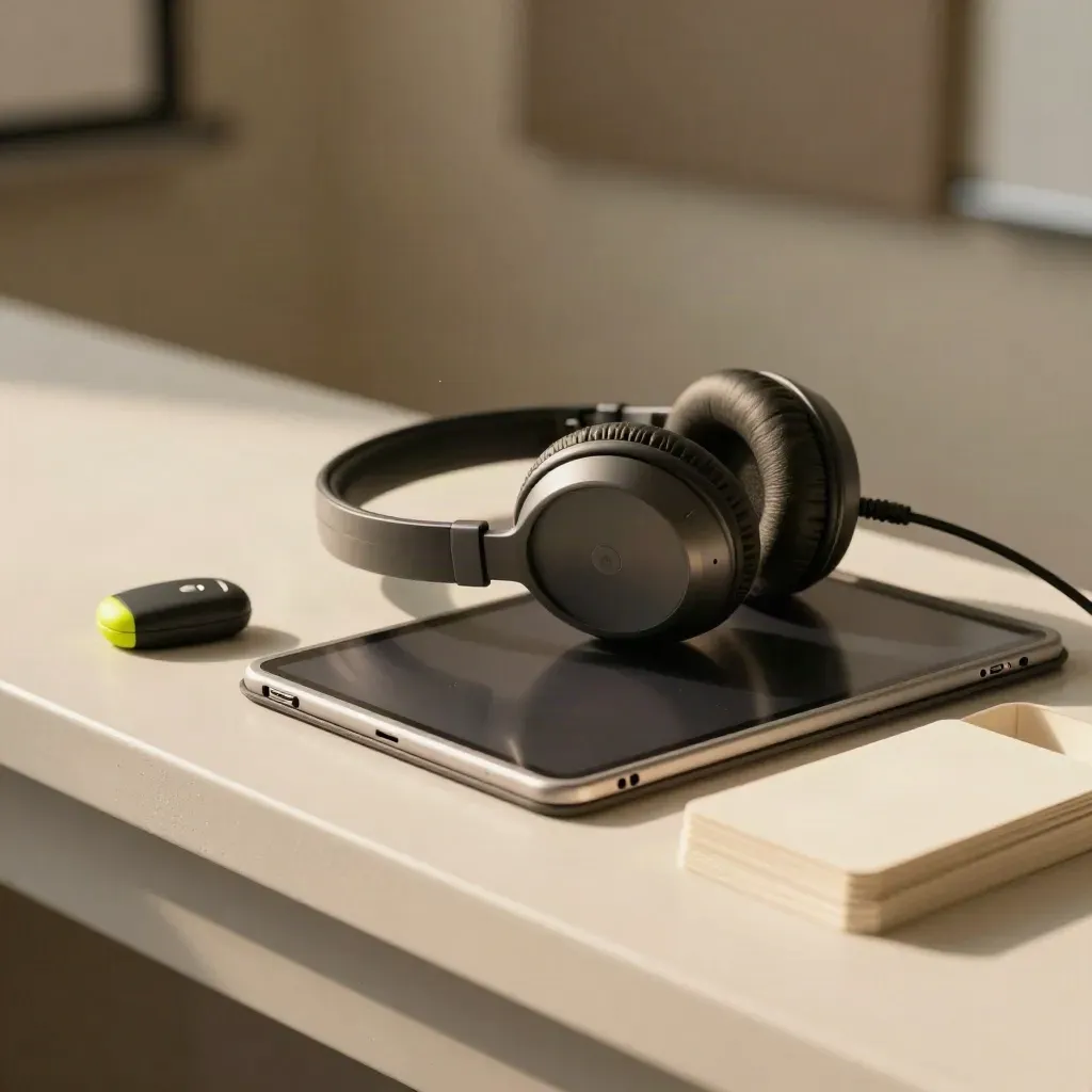 Kit latihan pejabat dengan headset, tablet tertutup, kliker dan kad di atas plaster lembut.